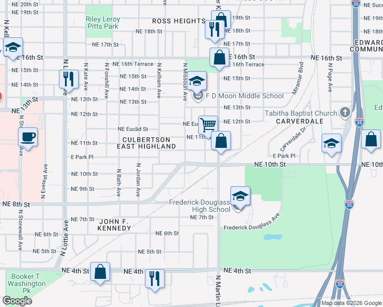 map of restaurants, bars, coffee shops, grocery stores, and more near 1810 East Park Place in Oklahoma City