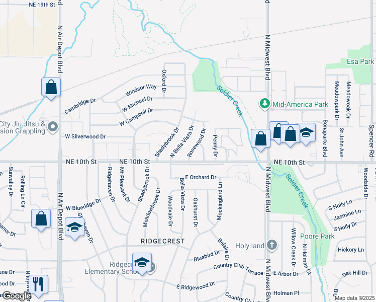map of restaurants, bars, coffee shops, grocery stores, and more near 3820 Rosewood Drive in Midwest City