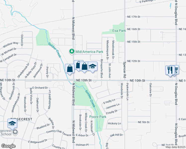 map of restaurants, bars, coffee shops, grocery stores, and more near 8105 Northeast 10th Street in Midwest City