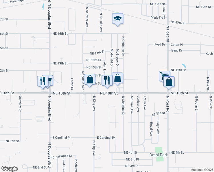 map of restaurants, bars, coffee shops, grocery stores, and more near 9416 NE 11th St in Midwest City
