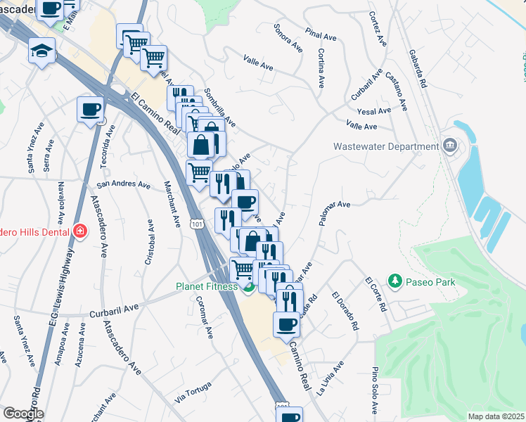 map of restaurants, bars, coffee shops, grocery stores, and more near 7860 Santa Ysabel Avenue in Atascadero