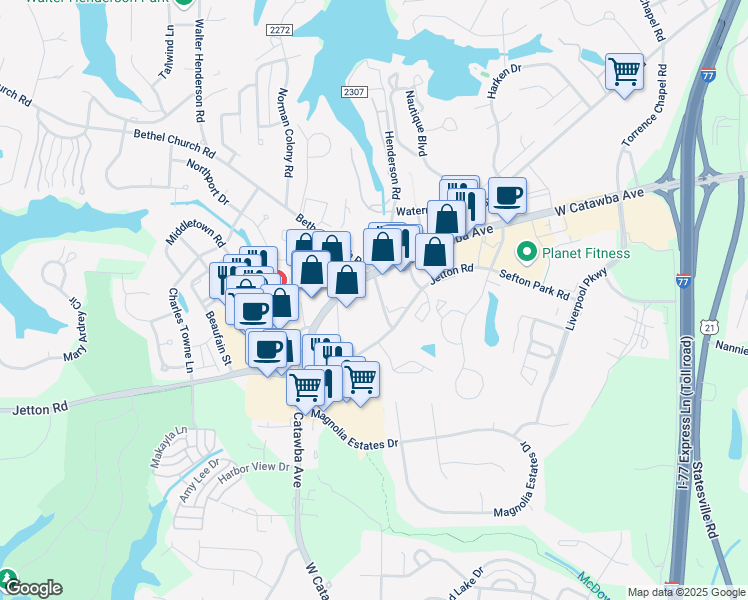 map of restaurants, bars, coffee shops, grocery stores, and more near 19620 West Catawba Avenue in Cornelius