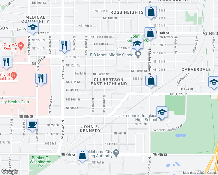 map of restaurants, bars, coffee shops, grocery stores, and more near 1629 East Park Place in Oklahoma City