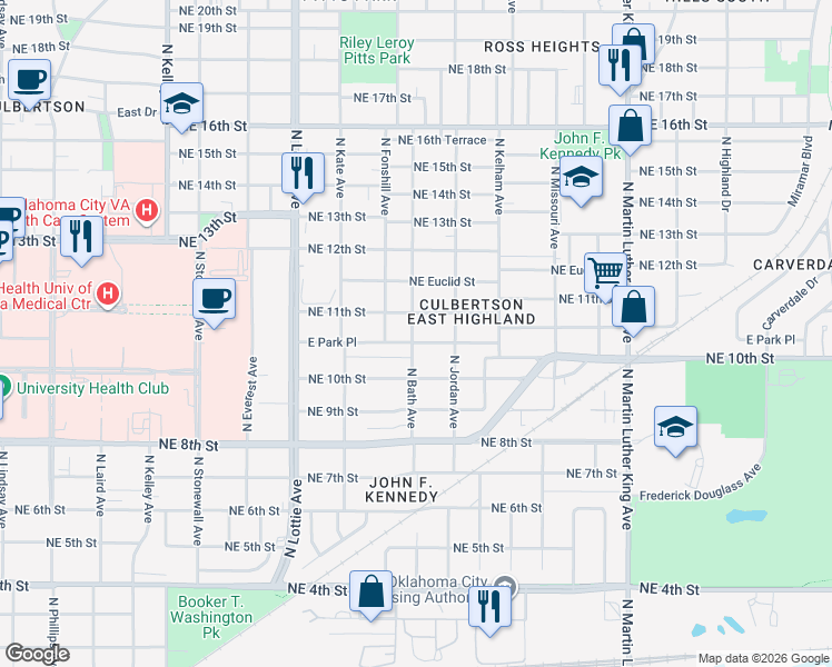 map of restaurants, bars, coffee shops, grocery stores, and more near 1114 North Bath Avenue in Oklahoma City