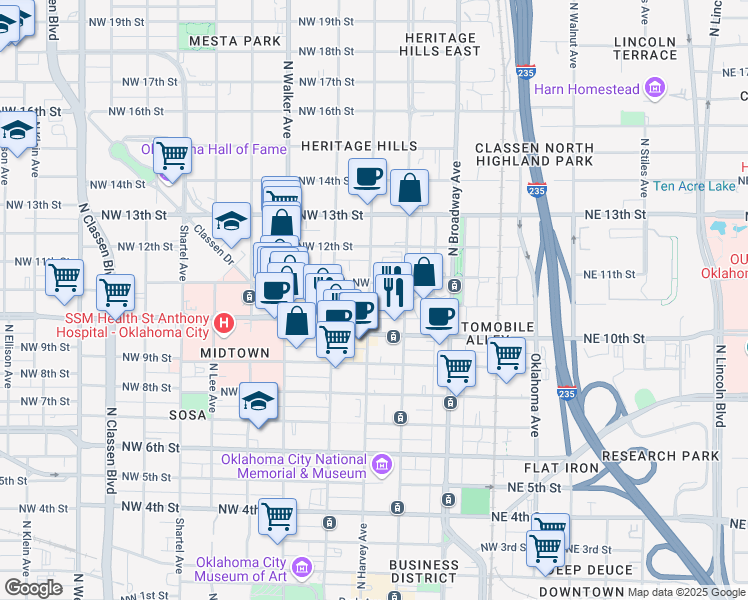 map of restaurants, bars, coffee shops, grocery stores, and more near 1125 North Harvey Avenue in Oklahoma City