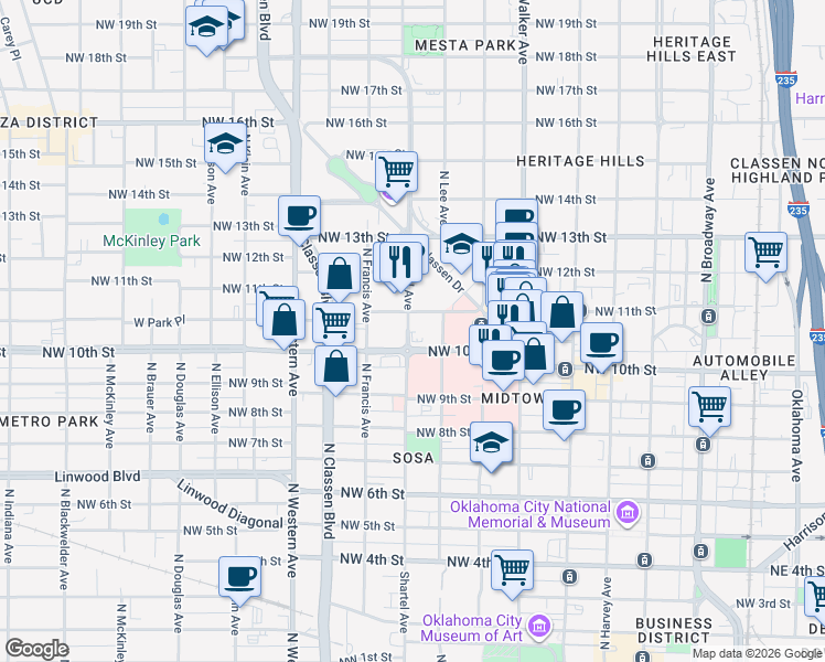 map of restaurants, bars, coffee shops, grocery stores, and more near 1117 North Shartel Avenue in Oklahoma City