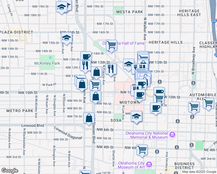 map of restaurants, bars, coffee shops, grocery stores, and more near 1110 North Francis Avenue in Oklahoma City