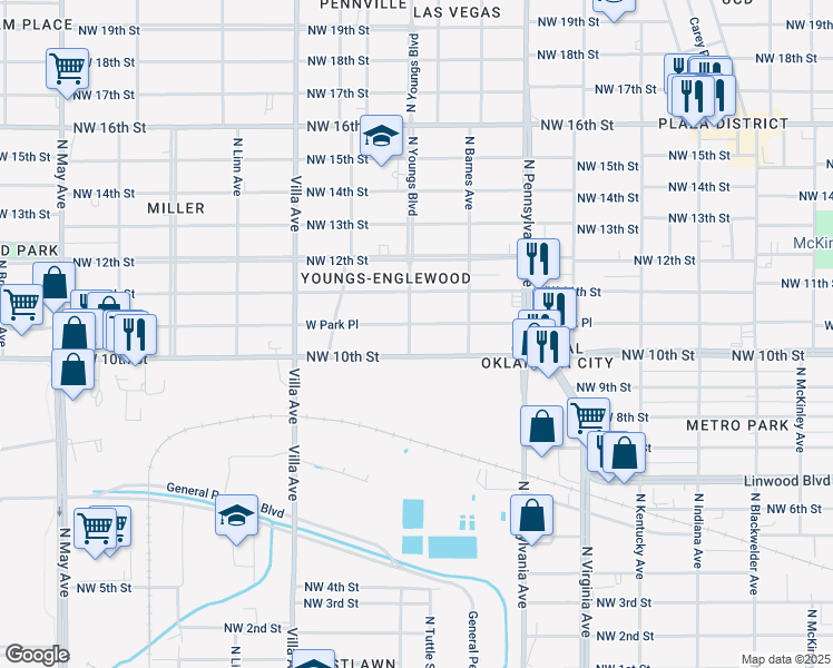 map of restaurants, bars, coffee shops, grocery stores, and more near 1123 North Youngs Boulevard in Oklahoma City