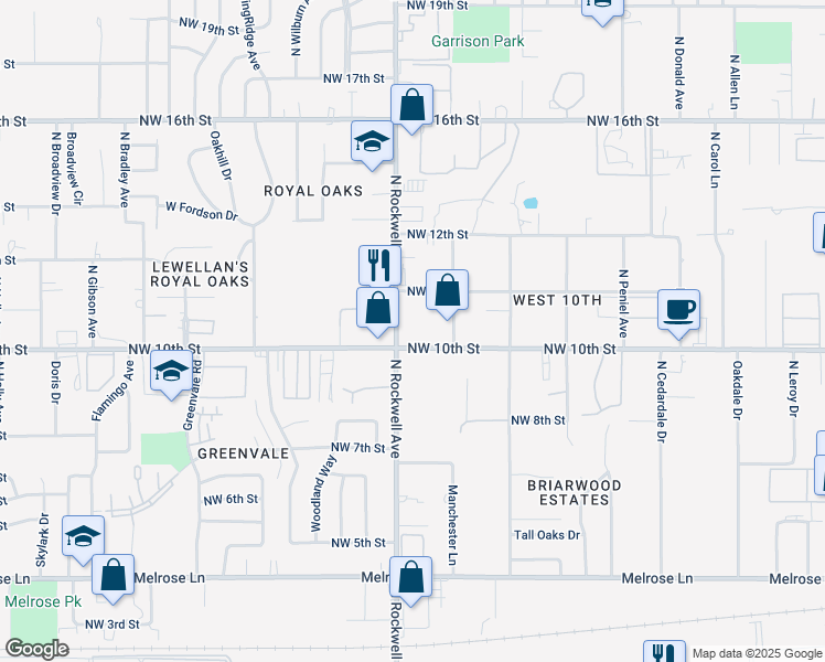 map of restaurants, bars, coffee shops, grocery stores, and more near 1114 North Rockwell Avenue in Oklahoma City