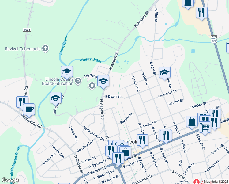 map of restaurants, bars, coffee shops, grocery stores, and more near 817 North Academy Extension in Lincolnton