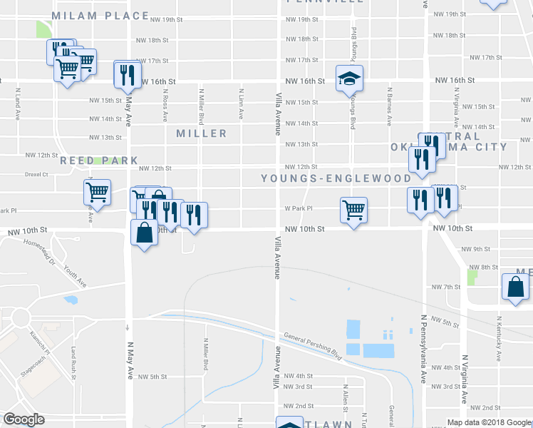 map of restaurants, bars, coffee shops, grocery stores, and more near 2514 West Park Place in Oklahoma City