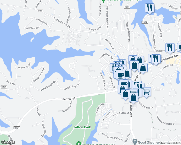 map of restaurants, bars, coffee shops, grocery stores, and more near 20400 Marblehead Court in Cornelius