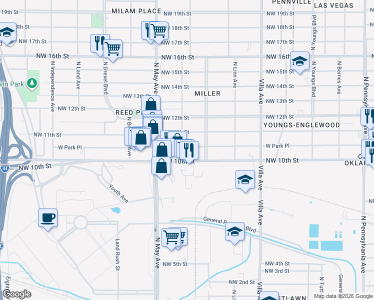 map of restaurants, bars, coffee shops, grocery stores, and more near 2732 West Park Place in Oklahoma City