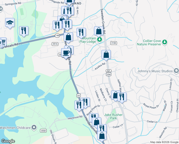 map of restaurants, bars, coffee shops, grocery stores, and more near 24 Azalea Road in Arden