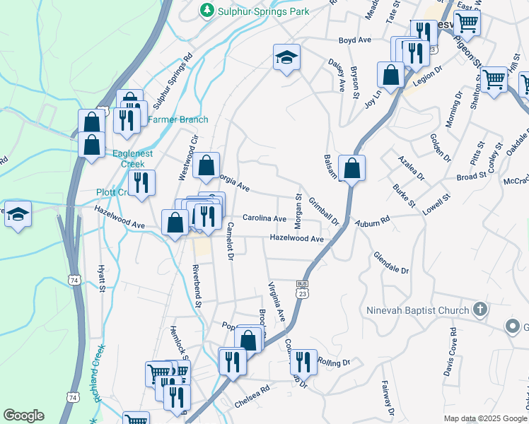 map of restaurants, bars, coffee shops, grocery stores, and more near 186 Carolina Avenue in Waynesville