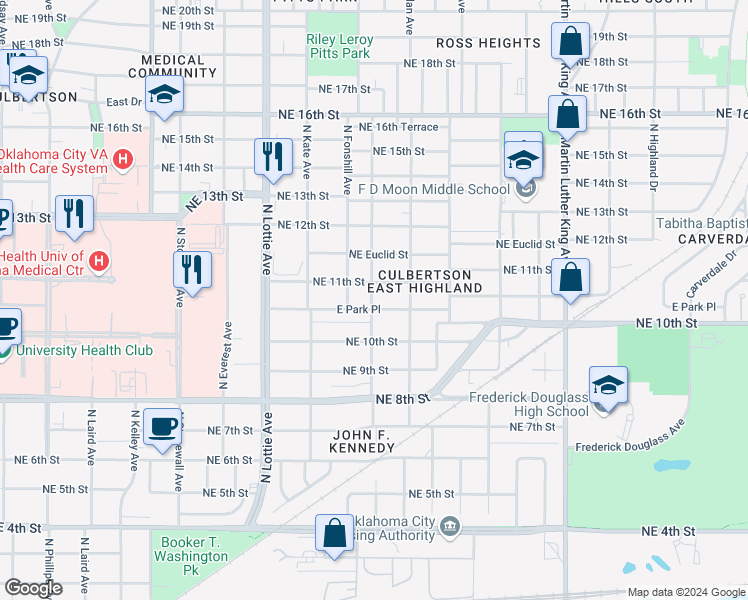 map of restaurants, bars, coffee shops, grocery stores, and more near 1114 North Bath Avenue in Oklahoma City