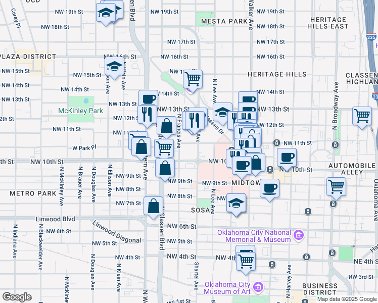 map of restaurants, bars, coffee shops, grocery stores, and more near 1110 North Francis Avenue in Oklahoma City