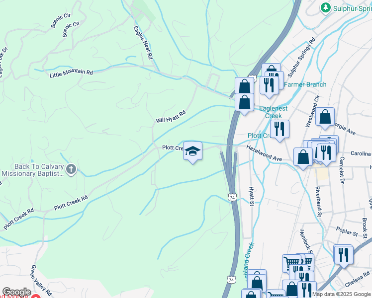map of restaurants, bars, coffee shops, grocery stores, and more near 1111 Plott Creek Road in Waynesville