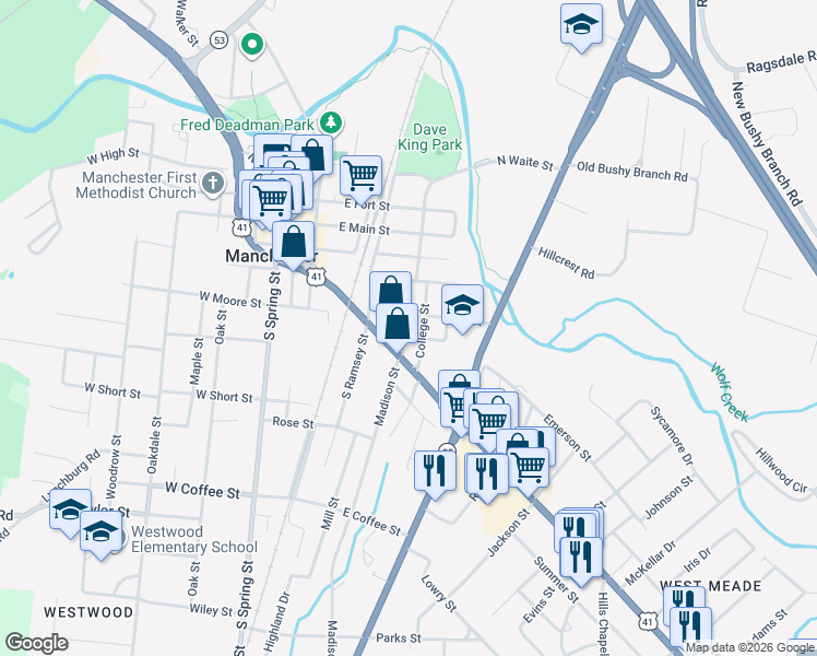 map of restaurants, bars, coffee shops, grocery stores, and more near 405 Madison Street in Manchester