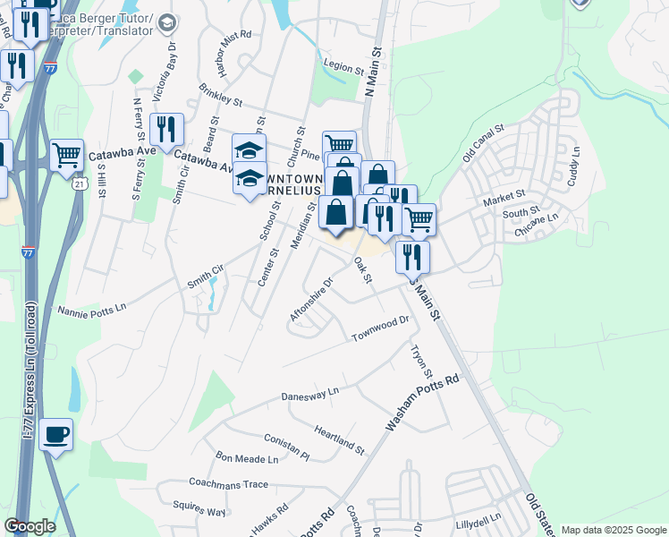 map of restaurants, bars, coffee shops, grocery stores, and more near 21725 Aftonshire Drive in Cornelius