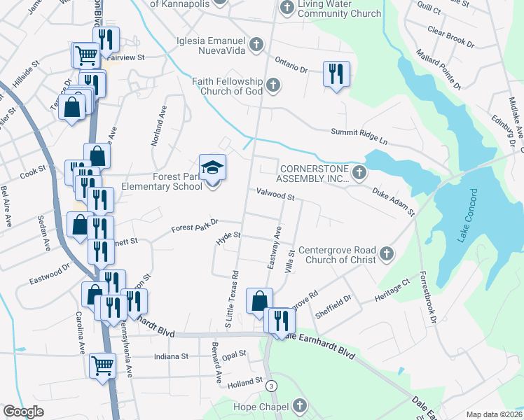 map of restaurants, bars, coffee shops, grocery stores, and more near 105 Vantage Street in Kannapolis