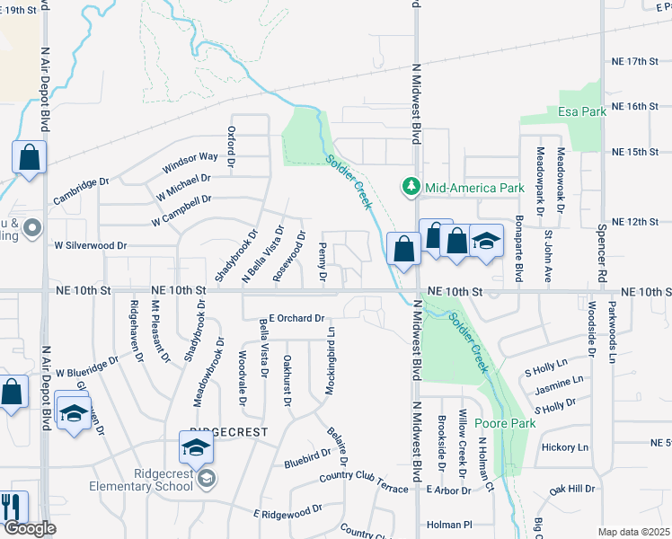 map of restaurants, bars, coffee shops, grocery stores, and more near 3817 Bradfred Street in Midwest City