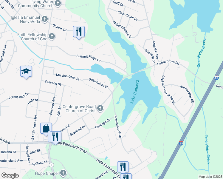 map of restaurants, bars, coffee shops, grocery stores, and more near 2029 Duke Adam Street in Kannapolis