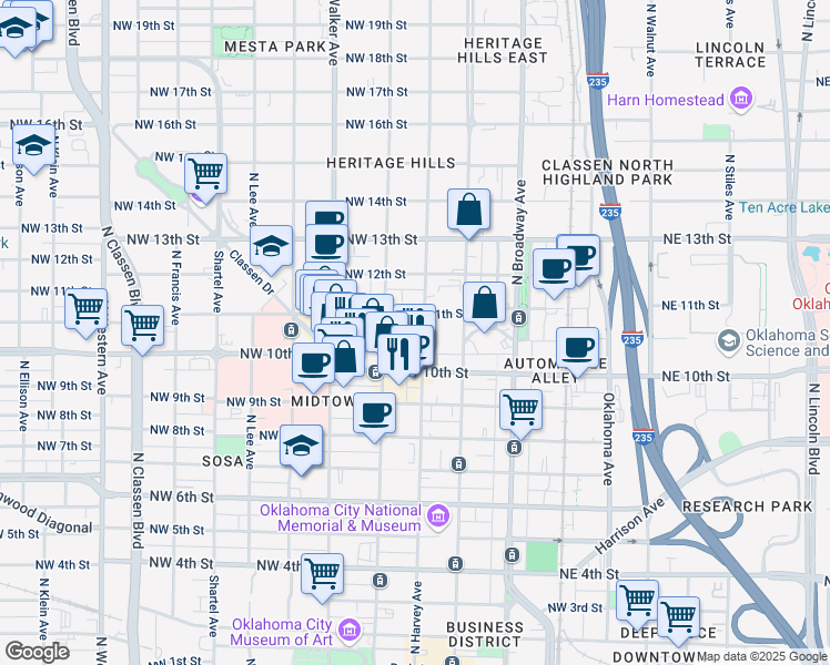 map of restaurants, bars, coffee shops, grocery stores, and more near 1125 North Harvey Avenue in Oklahoma City