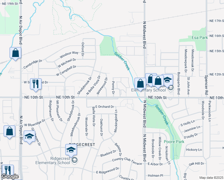 map of restaurants, bars, coffee shops, grocery stores, and more near 3809 Penny Drive in Midwest City