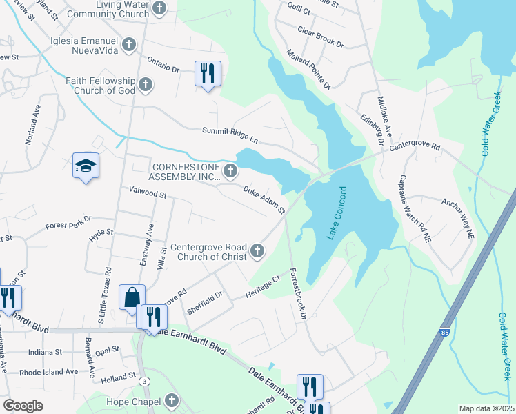 map of restaurants, bars, coffee shops, grocery stores, and more near 1925 Mission Laks Street in Kannapolis