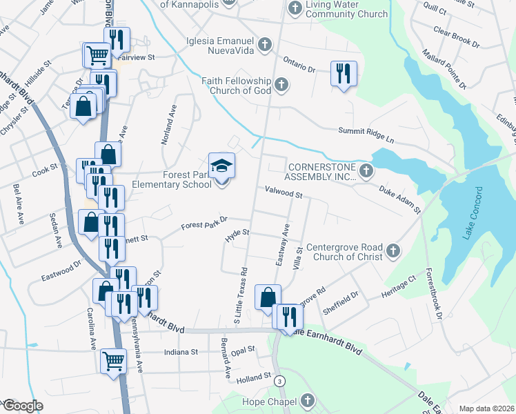 map of restaurants, bars, coffee shops, grocery stores, and more near 101 Vantage Street in Kannapolis