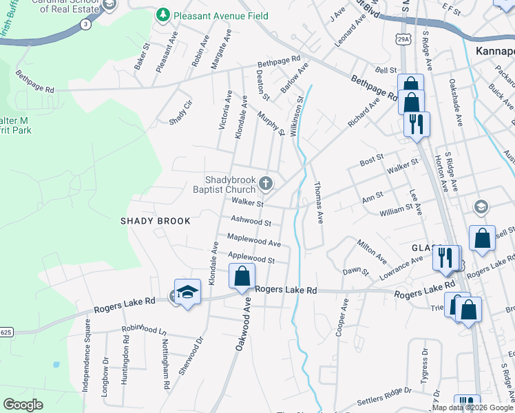 map of restaurants, bars, coffee shops, grocery stores, and more near 1100 Oakwood Avenue in Kannapolis