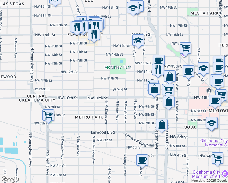 map of restaurants, bars, coffee shops, grocery stores, and more near 1510 West Park Place in Oklahoma City