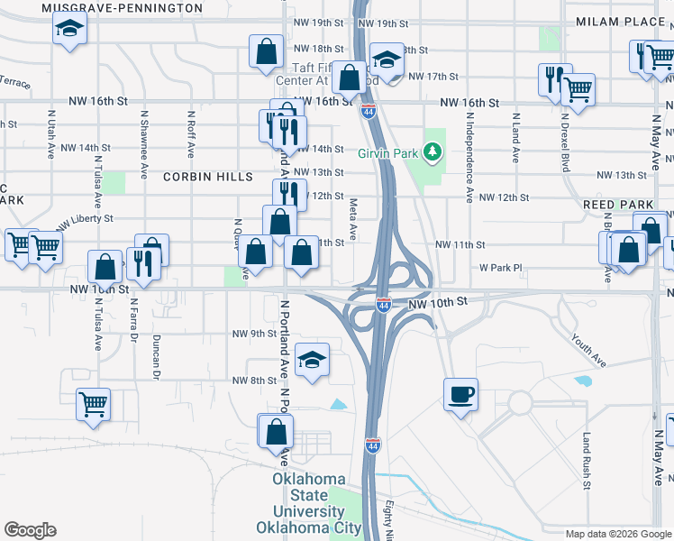 map of restaurants, bars, coffee shops, grocery stores, and more near 1116 North Saint Clair Avenue in Oklahoma City