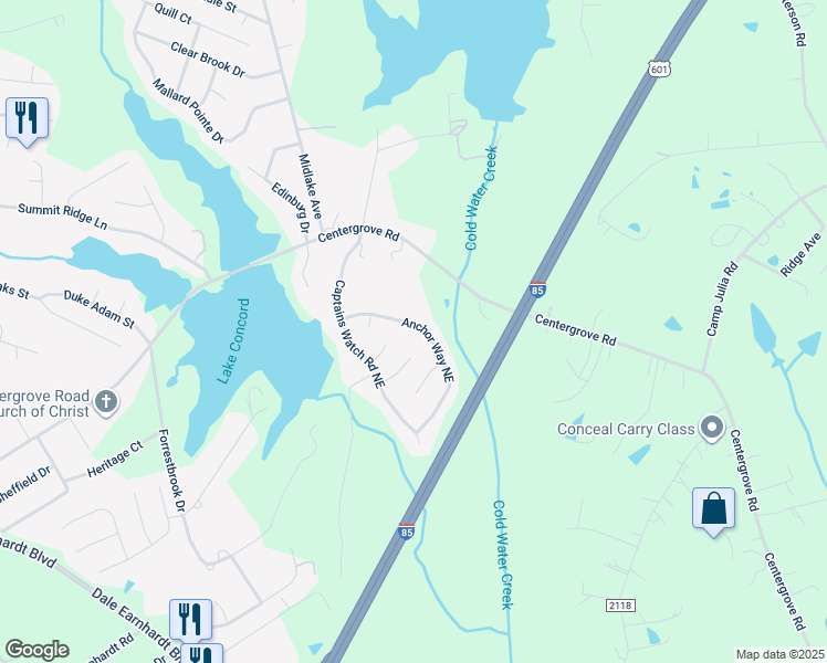 map of restaurants, bars, coffee shops, grocery stores, and more near 858 Anchor Way Northeast in Kannapolis