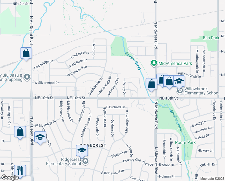 map of restaurants, bars, coffee shops, grocery stores, and more near 3820 Rosewood Drive in Midwest City