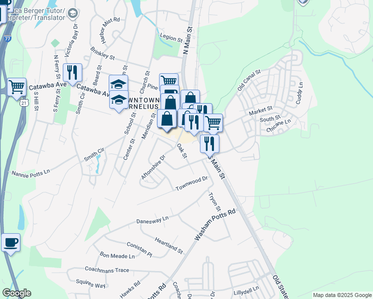 map of restaurants, bars, coffee shops, grocery stores, and more near 19630 Oak Street in Cornelius