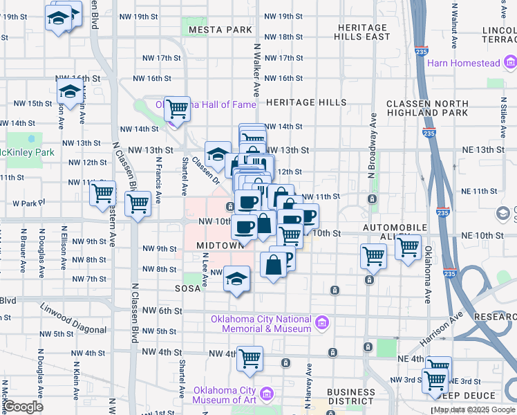 map of restaurants, bars, coffee shops, grocery stores, and more near 1120 North Walker Avenue in Oklahoma City