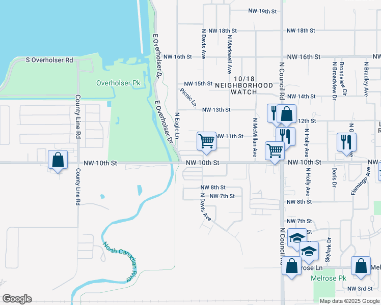 map of restaurants, bars, coffee shops, grocery stores, and more near 1180 North Eagle Lane in Oklahoma City