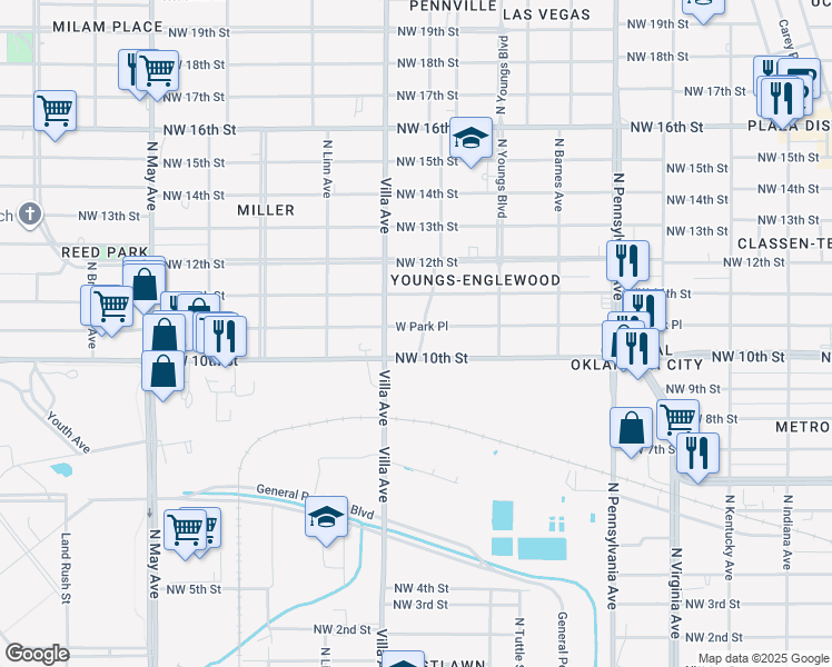 map of restaurants, bars, coffee shops, grocery stores, and more near 2400 West Park Place in Oklahoma City
