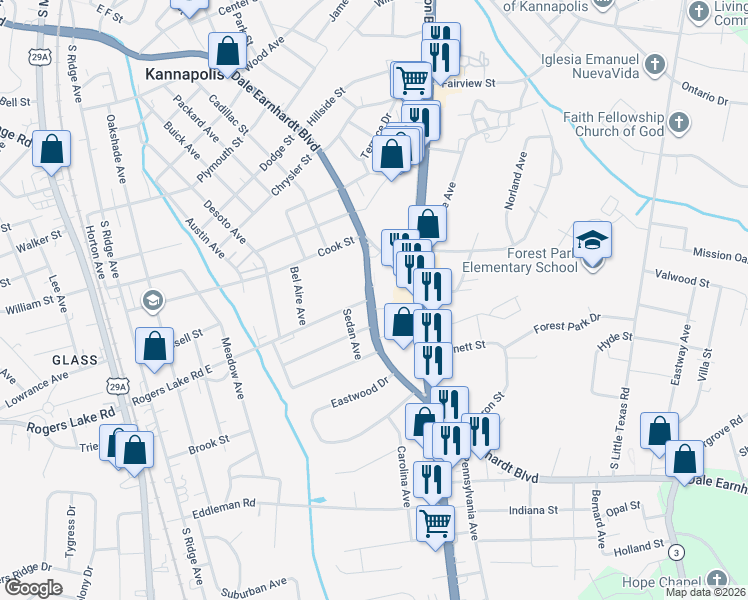 map of restaurants, bars, coffee shops, grocery stores, and more near 1805 Dale Earnhardt Boulevard in Kannapolis