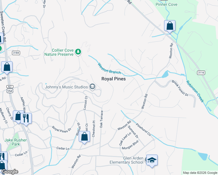 map of restaurants, bars, coffee shops, grocery stores, and more near 18 North Oak Terrace in Arden