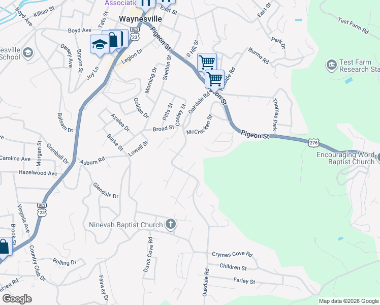 map of restaurants, bars, coffee shops, grocery stores, and more near 345 Oakdale Road in Waynesville