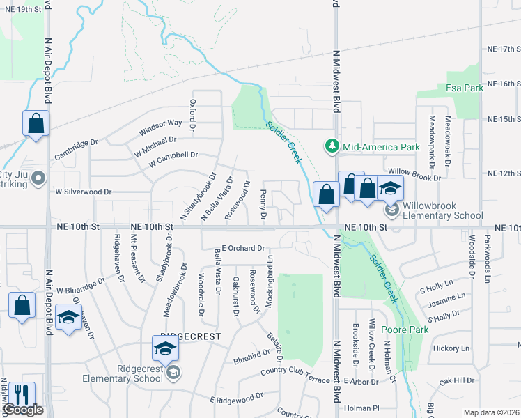 map of restaurants, bars, coffee shops, grocery stores, and more near 3809 Penny Drive in Midwest City