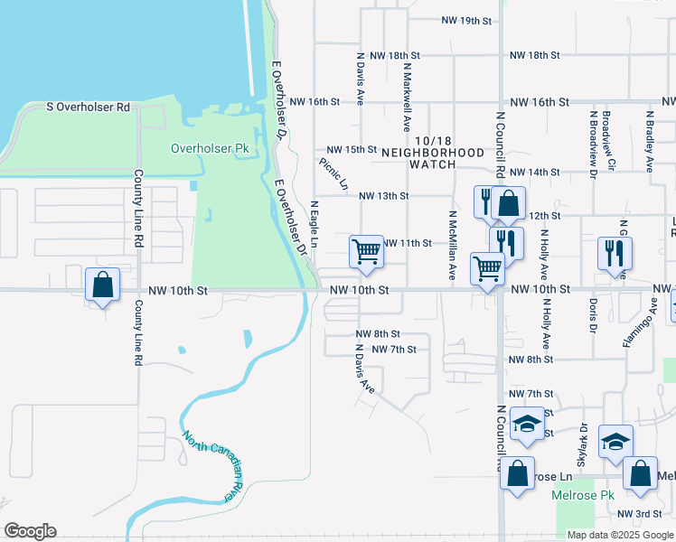 map of restaurants, bars, coffee shops, grocery stores, and more near 1180 North Eagle Lane in Oklahoma City