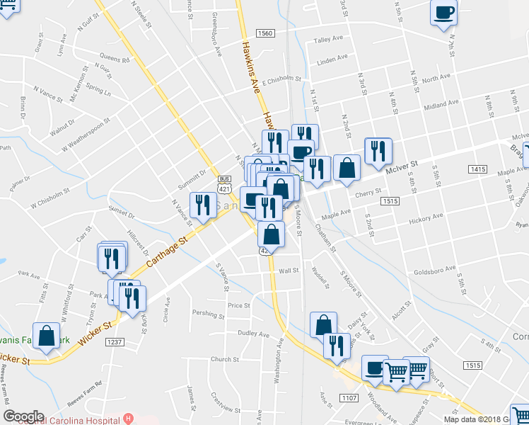 map of restaurants, bars, coffee shops, grocery stores, and more near 142 South Steele Street in Sanford
