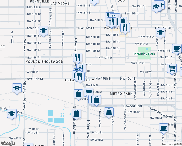 map of restaurants, bars, coffee shops, grocery stores, and more near 1936 West Park Place in Oklahoma City