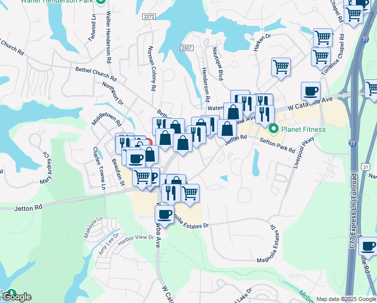 map of restaurants, bars, coffee shops, grocery stores, and more near 19620 West Catawba Avenue in Cornelius
