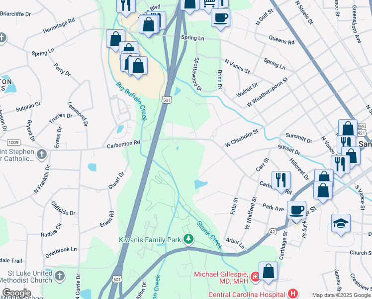 map of restaurants, bars, coffee shops, grocery stores, and more near 611 Carbonton Road in Sanford