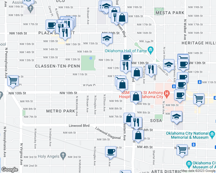 map of restaurants, bars, coffee shops, grocery stores, and more near 1201 Northwest 10th Street in Oklahoma City
